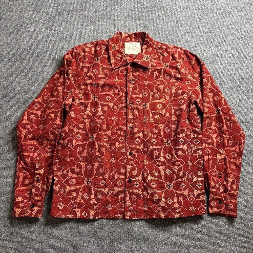 Kardo Floral Print Chintan Shirt Men's Large Red Loop Collar Long Sleeve Rare